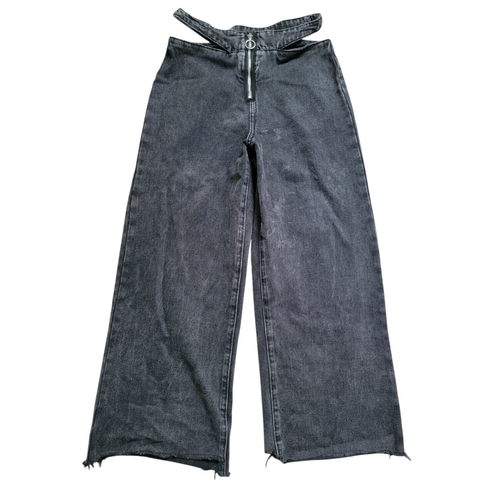 Fashion Nova Black Wash‎ Cutout High Rise Wide Leg Jeans Raw Hem  Size 28